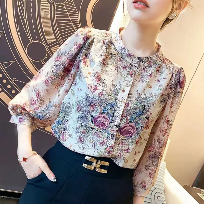EDQRDQ Floral Shirts Chiffon Loose Front Button 3/4 Sleeve O Neck Blouses Tops