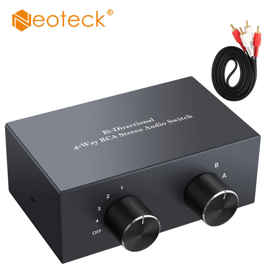 Neoteck 2 in 4 /4 in 2 Stereo L/R Sound Channel Bi-Directional Audio Switch Splitter with OFF Button and No External Power Required RCA Stereo Switch Selector for DVD Stereo Speaker CD Player