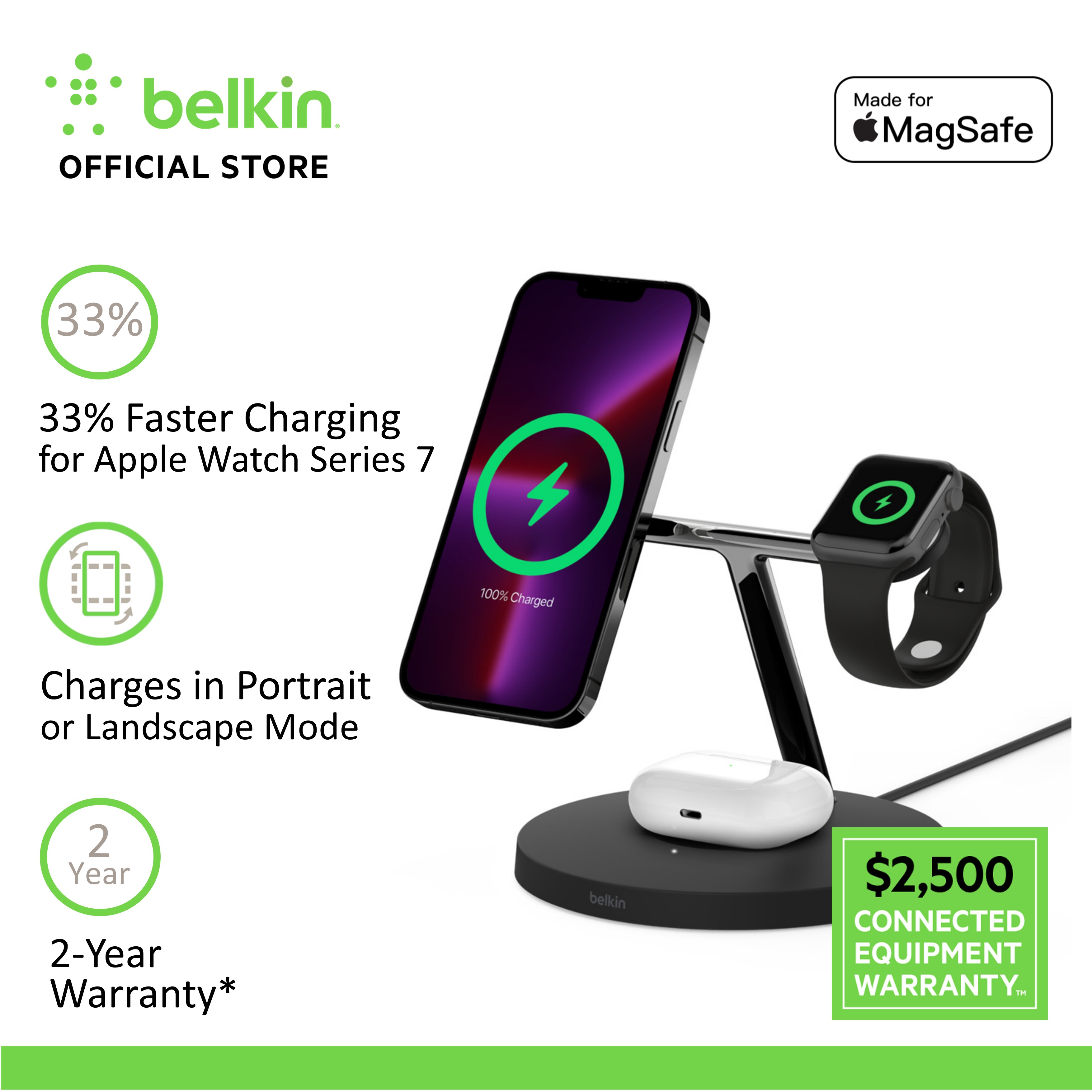 Belkin WIZ017my BoostCharge PRO 3-in-1 Wireless Charger with MagSafe 15W and Power Adapter (iPhone 14/13/12)