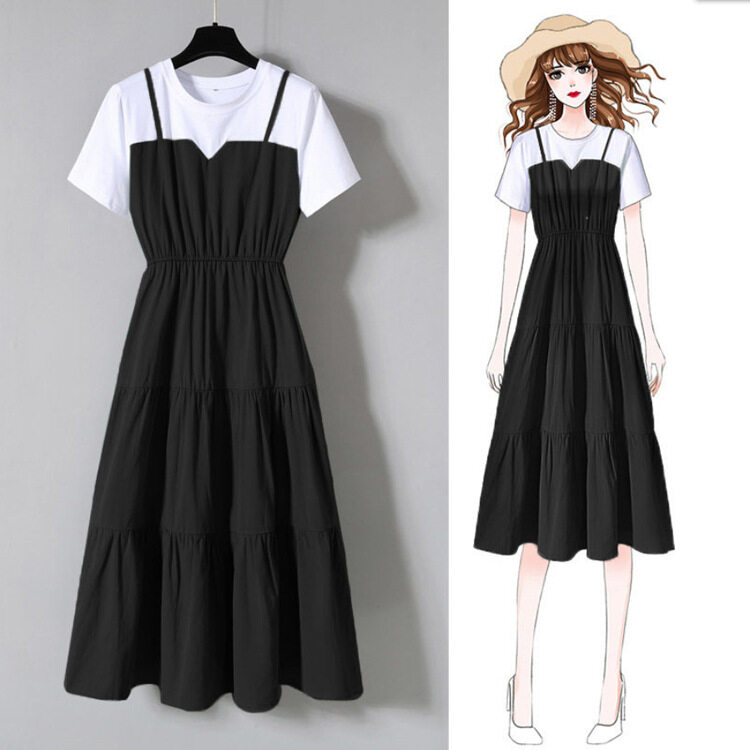 Large size dress women's summer Korean fake two-piece dress age-reducing short sleeve round neck A-line skirt slim mid-length skirt