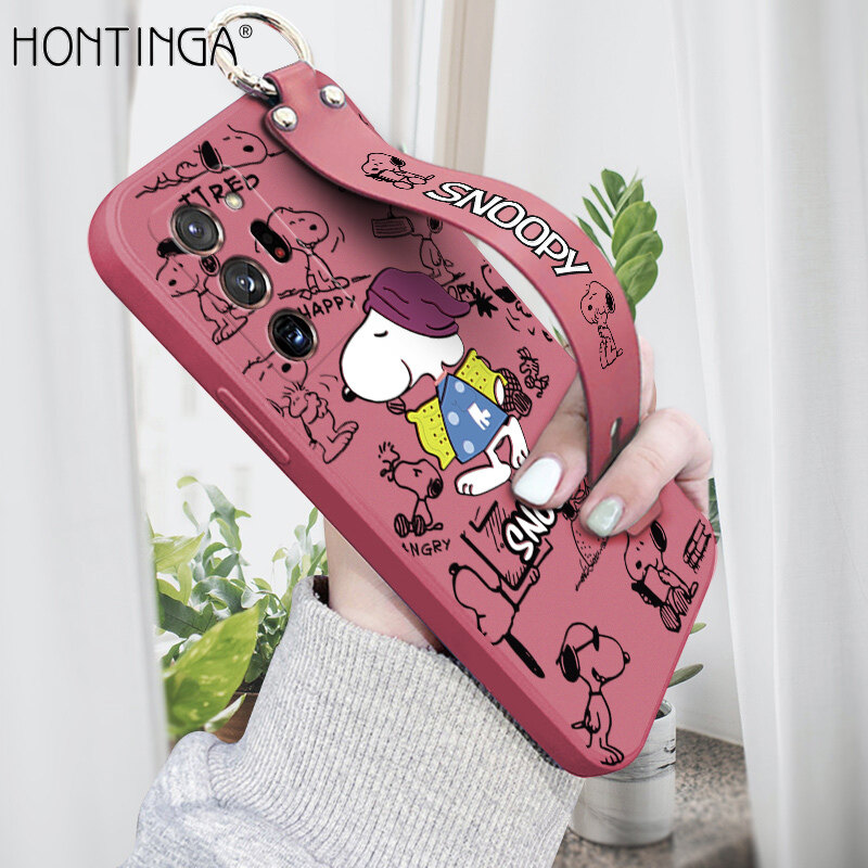 (With WristStrap)Hontinga Casing Case For Samsung Galaxy Note 20 Ultra/Note20 Case Anime Cute Square Original Liquid Soft Silicone Edge Pattern Rubber Case Full Camera Protection Cases Back Phone Casi