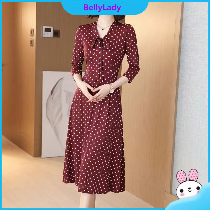 Women V Neck Dress Trendy Polka Dot Printing A-line Skirt Three-quarter Sleeves Pullover Dress
